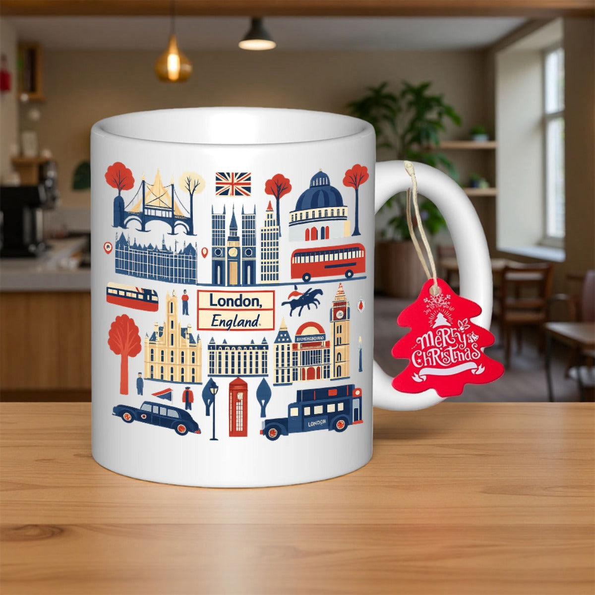Tailorly White Ceramic 11 oz Mug - London England Vintage Illustrated Icons Featuring Iconic Landmarks Red Bus And Historic Architecture Cityscape