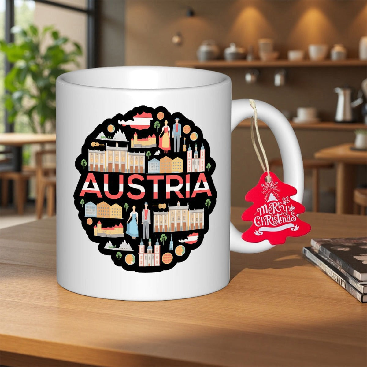 Tailorly White Ceramic 11 oz Mug - Austria Circular Collage Showing Iconic Landmark Icons And National Cultural Symbols Mug