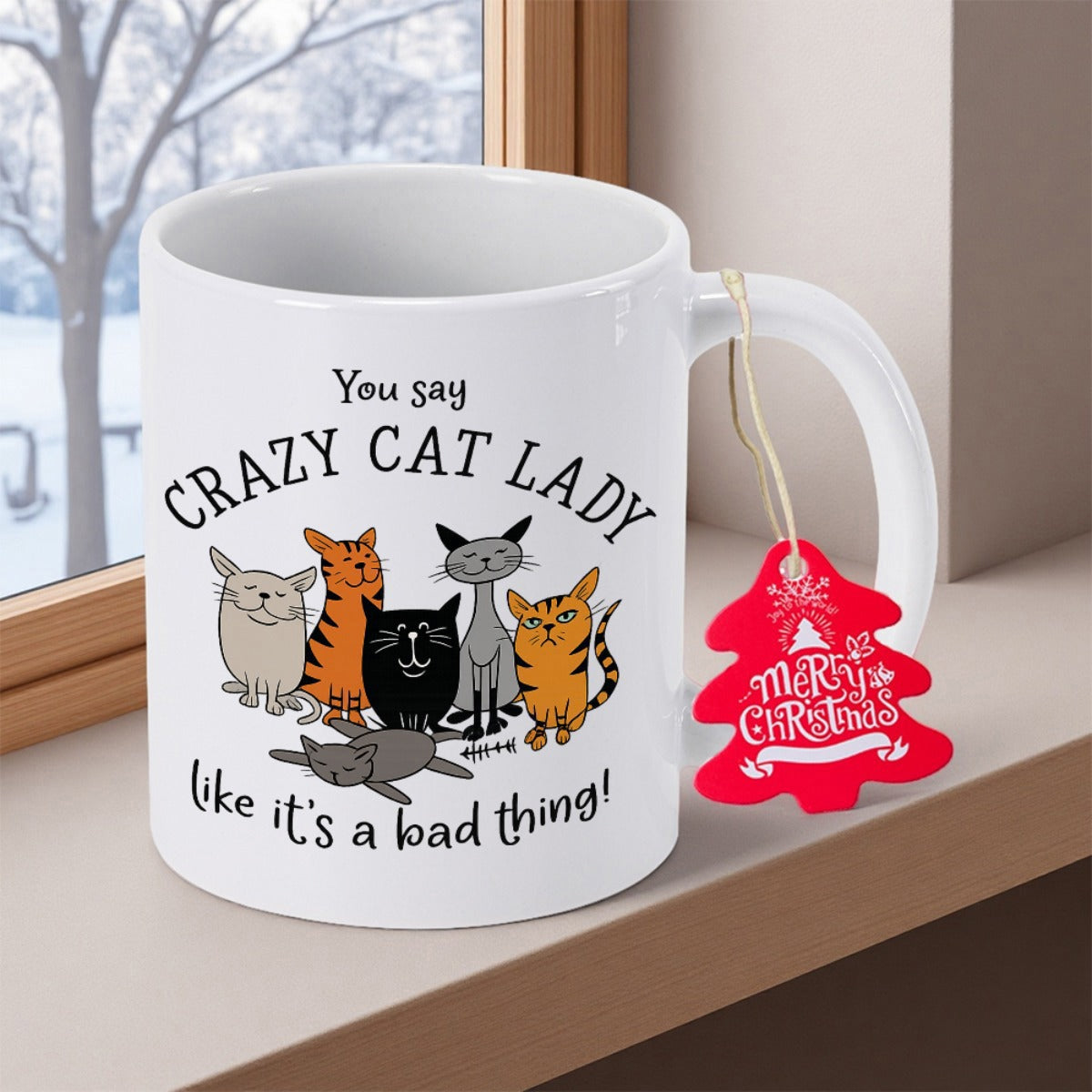 Tailorly White Ceramic 11 oz Mug - You Say Crazy Cat Lady Like Its A Bad Thing Playful Hand Drawn Cartoon Feline Friends Sitting In A Cozy Row Cat