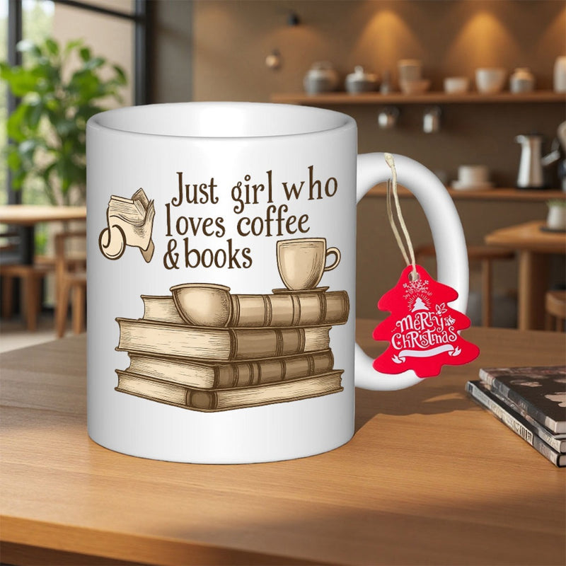 Tailorly White Ceramic 11 oz Mug - Just Girl Who Loves Coffee Books Vintage Hand Drawn Stack Of Old Books Featuring Small Coffee Cup Mug