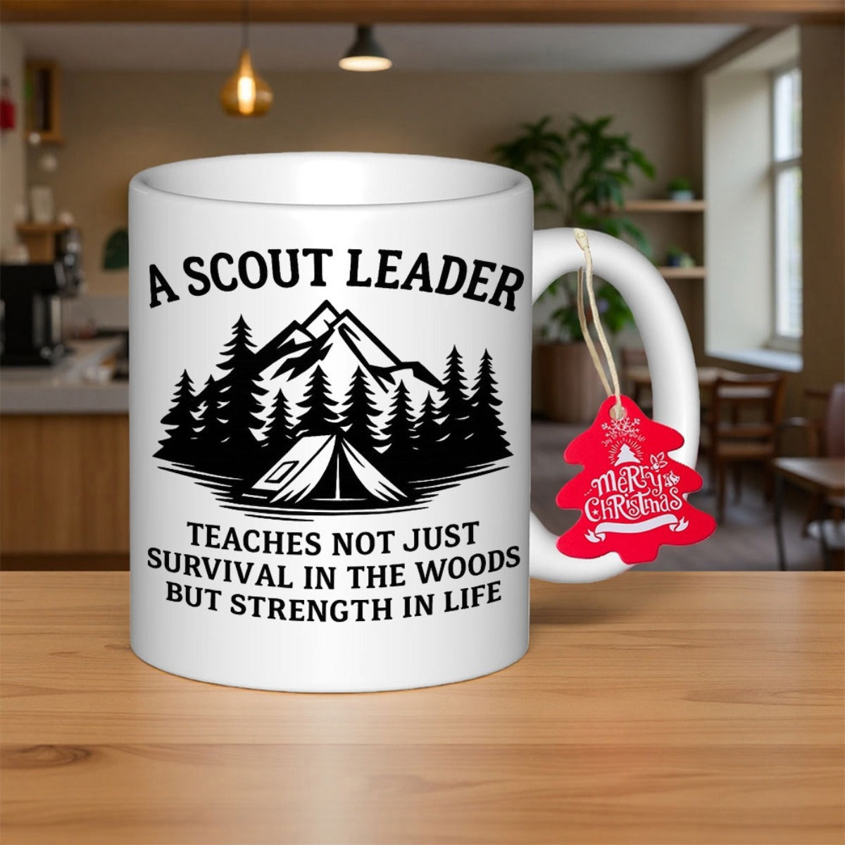 Tailorly White Ceramic 11 oz Mug - A Scout Leader Teaches Not Just Survival In The Woods But Strength In Life Majestic Snow Capped Peaks Among Thick Pine Trees And