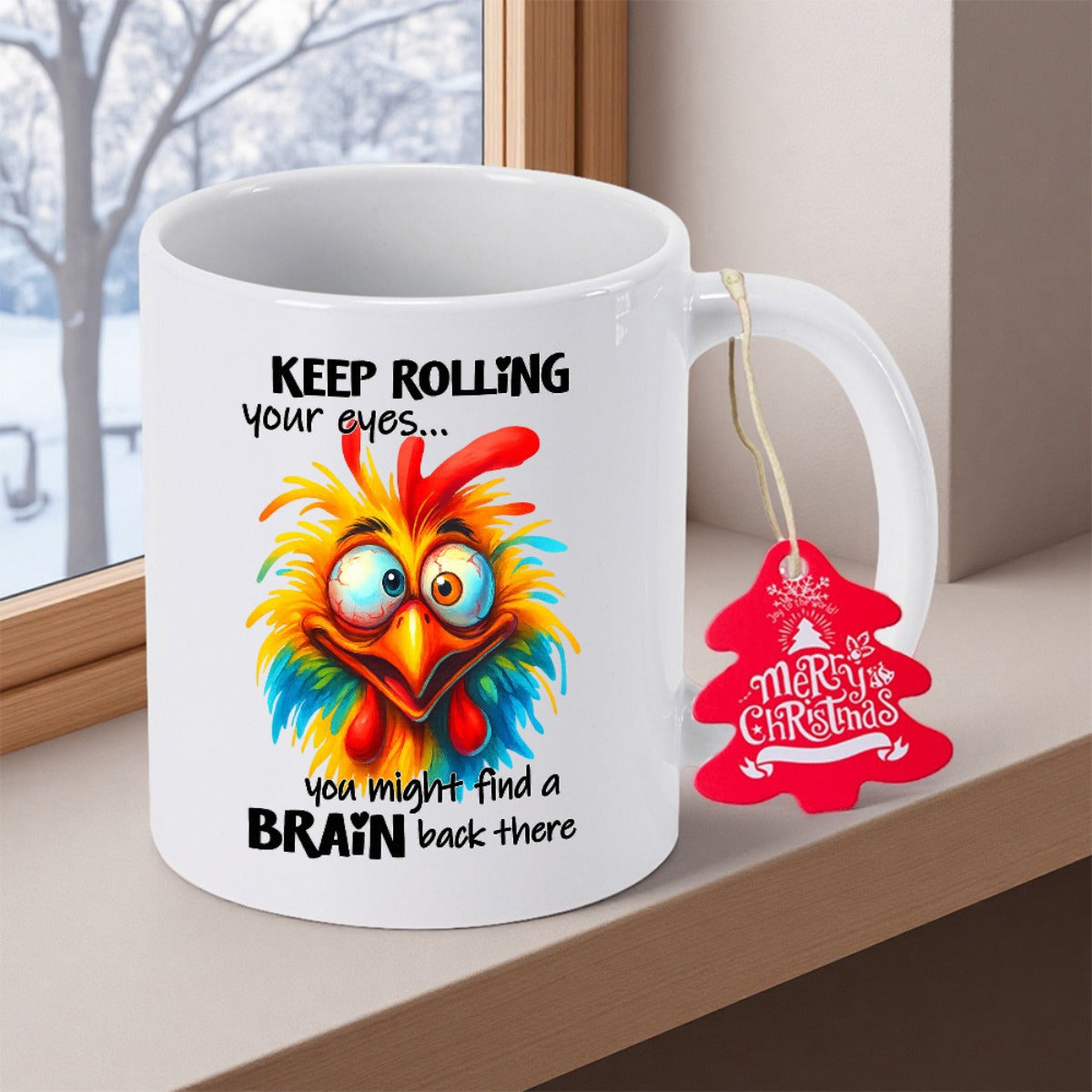 Tailorly White Ceramic 11 oz Mug - Keep Rolling Your Eyes You Might Find A Brain Back There Vibrant Colorful Crazy Feathers With Large Goofy Crossed Eyes Funny