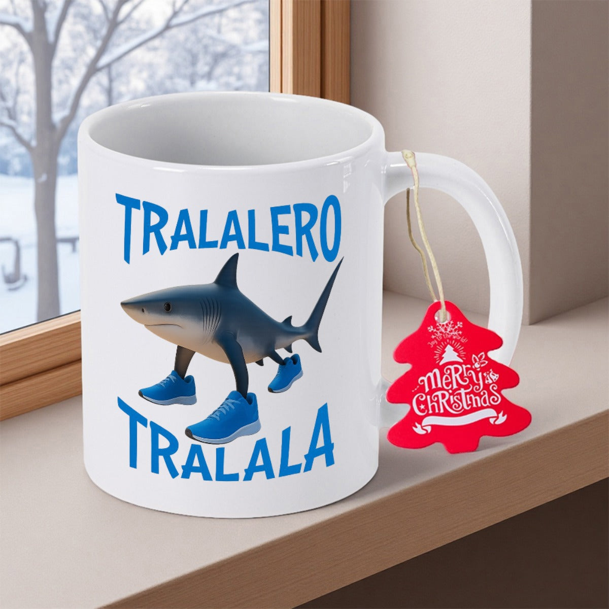 Tailorly White Ceramic 11 oz Mug - Tralalero Tralala Funny Cartoony Predator Wearing Bright Blue Athletic Running Shoes Shark