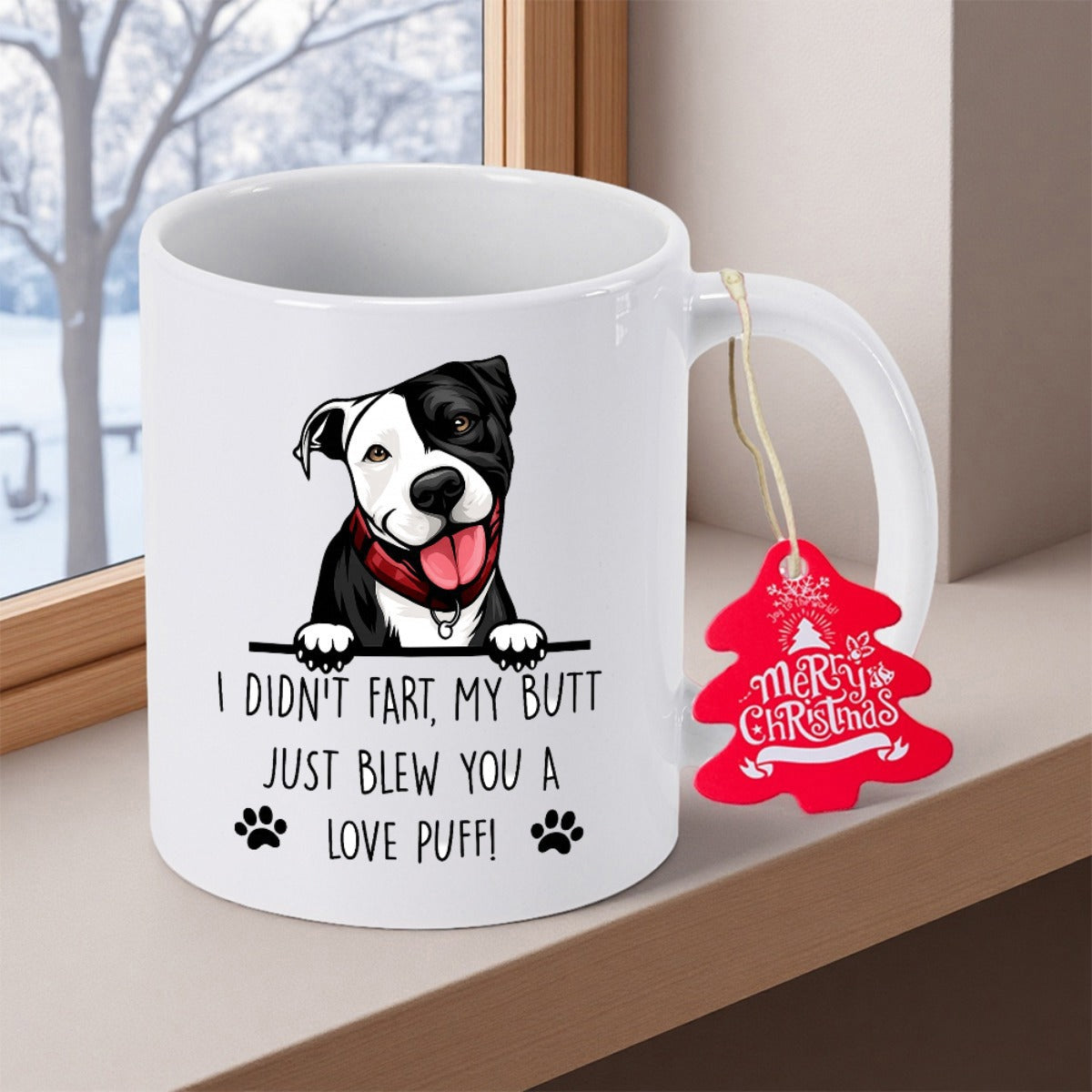 Tailorly White Ceramic 11 oz Mug - I Didn't Fart My Butt Just Blew You A Love Puff Playful Peeking Black And White Puppy Wearing A Red Collar Dog
