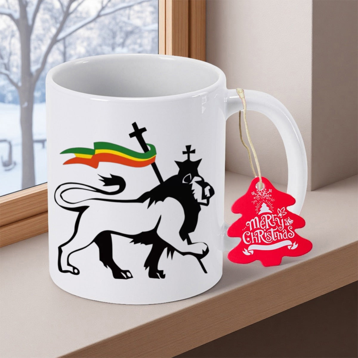Tailorly White Ceramic 11 oz Mug - Merry Christmas Majestic Religious Silhouette Holding A Cross And Pan African Flag Lion