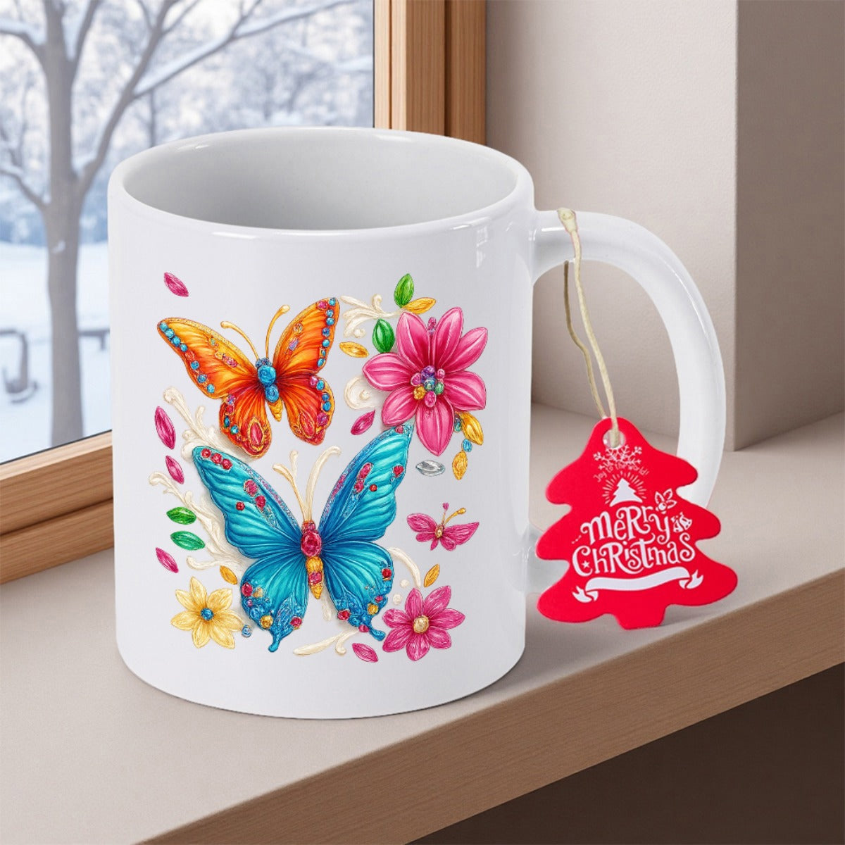 Tailorly White Ceramic 11 oz Mug - Merry Christmas Vibrant Colorful Wings Among Blooming Pink Petals On Pure White Background Butterfly
