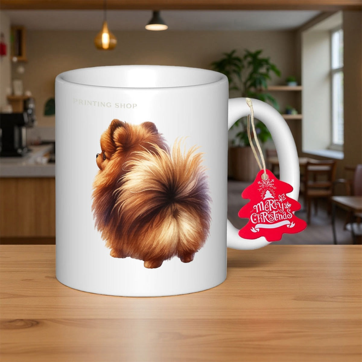 Tailorly White Ceramic 11 oz Mug - Merry Christmas Fluffy Brown Fur Sitting Peacefully With A Small Curly Tail Pomeranian