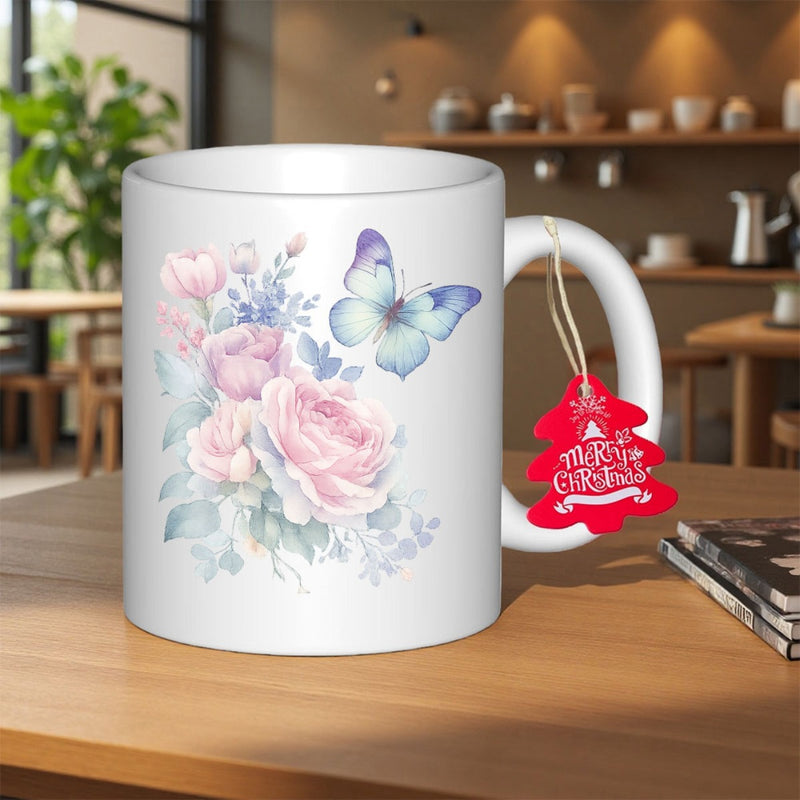 Tailorly White Ceramic 11 oz Mug - Merry Christmas Soft Watercolor Pink Roses With A Delicate Blue Butterfly Hovering Butterfly
