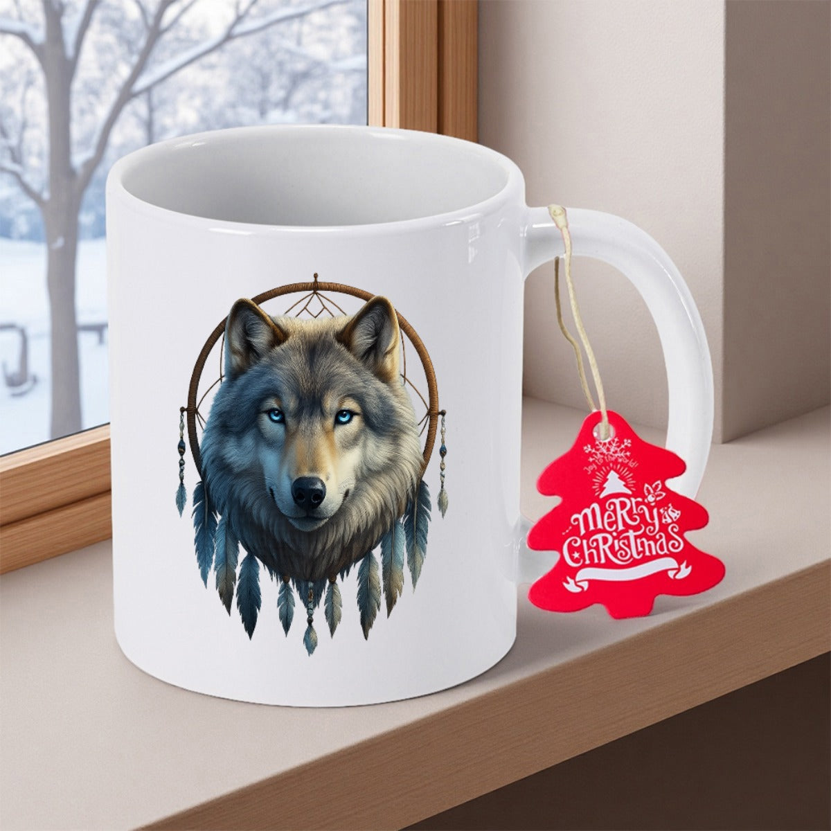Tailorly White Ceramic 11 oz Mug - Merry Christmas Majestic Grey Wolf Centered Within Intricate Feathers And Dreamcatcher Wolf