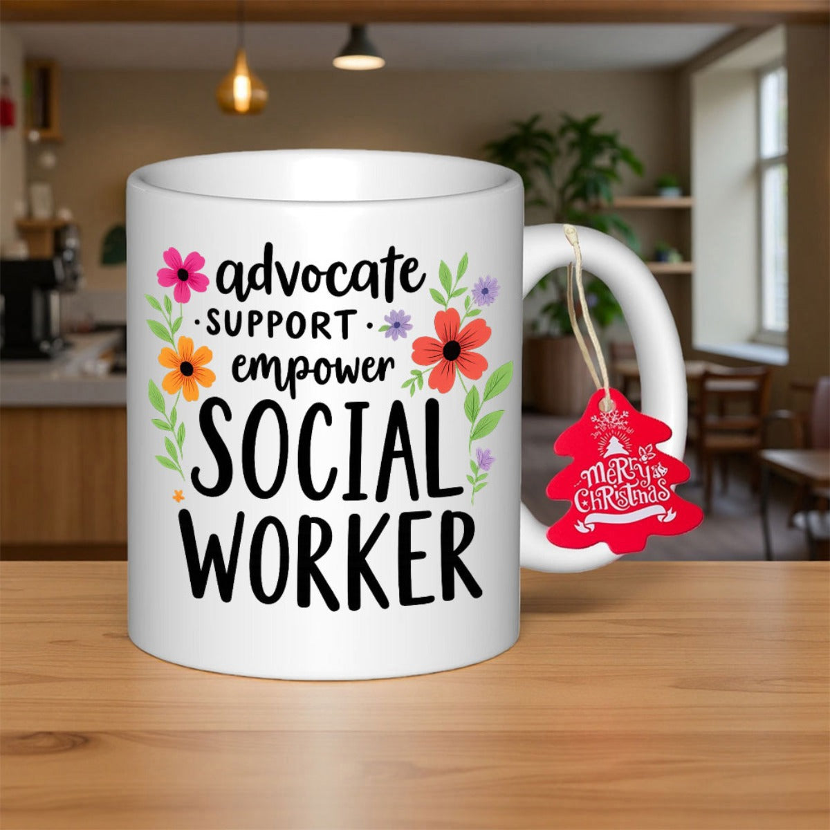 Tailorly White Ceramic 11 oz Mug - Advocate Support Empower Social Worker Colorful Hand Drawn Floral Elements With Vibrant Petals And Green Leaves Mug