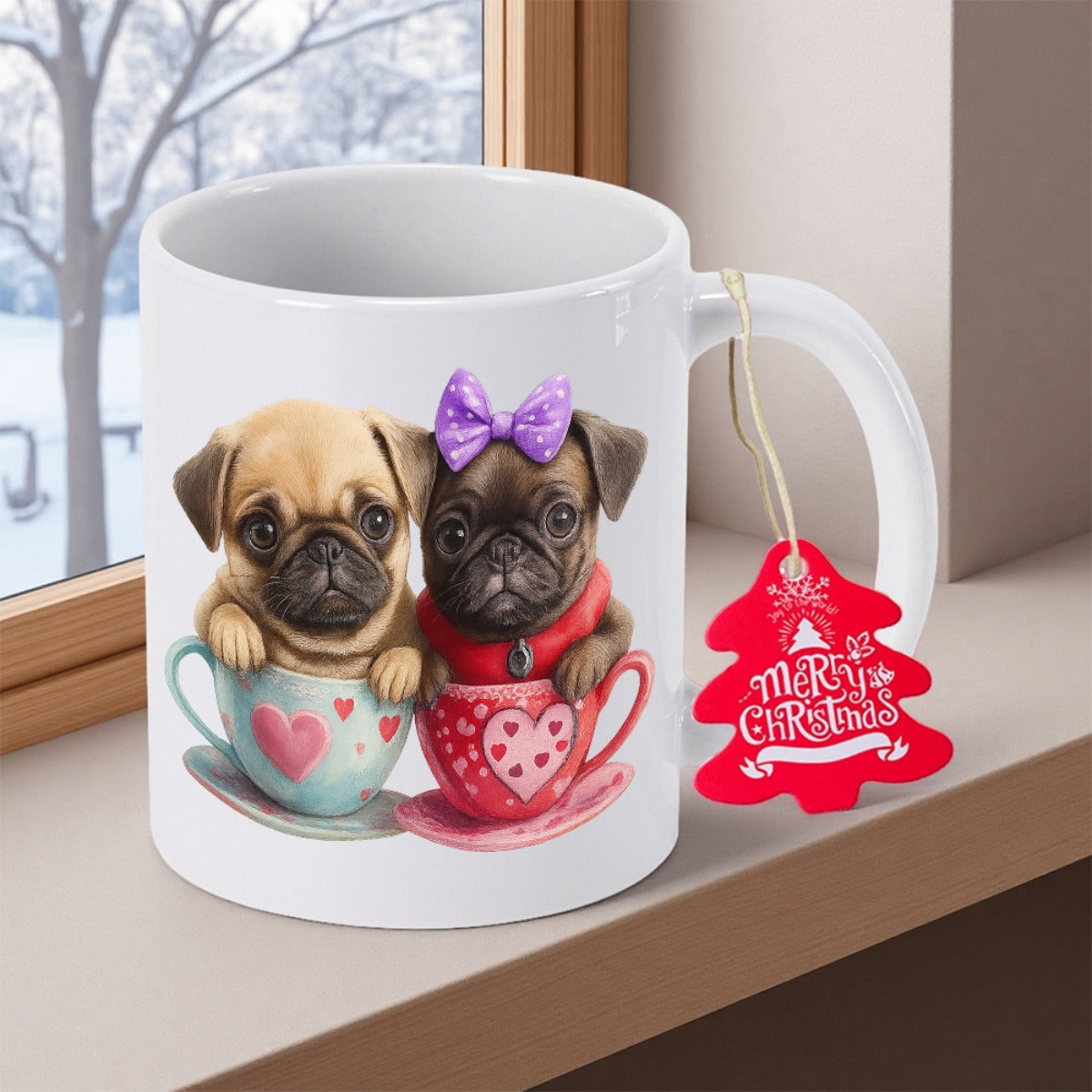 Tailorly White Ceramic 11 oz Mug - Merry Christmas Two Adorable Pugs Resting Inside Decorative Teacups With Heart Patterns Pug