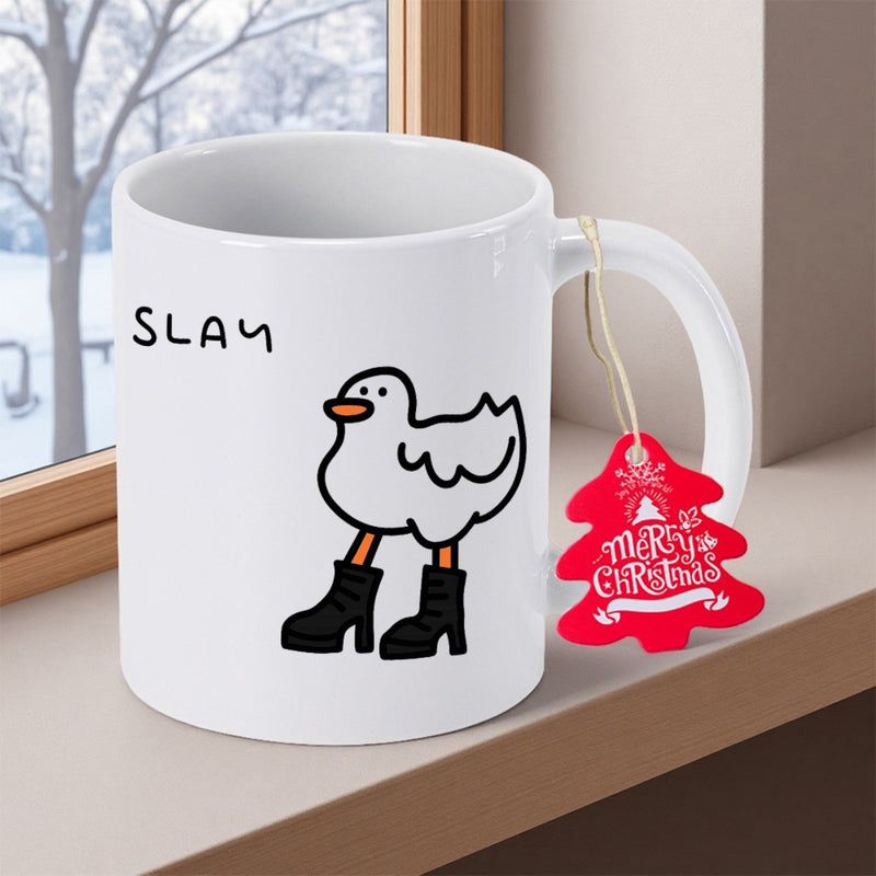 Tailorly White Ceramic 11 oz Mug - Slay Minimalist Cartoon Illustration Of A White Duck Wearing Black Fashionable Boots Duck