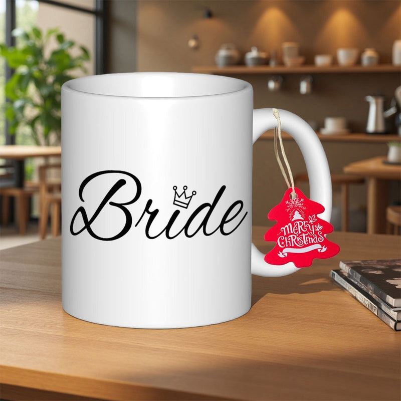 Tailorly White Ceramic 11 oz Mug - Bride Elegant Calligraphy Text Featuring Simple Royal Aesthetic Minimalist Symbol Crown