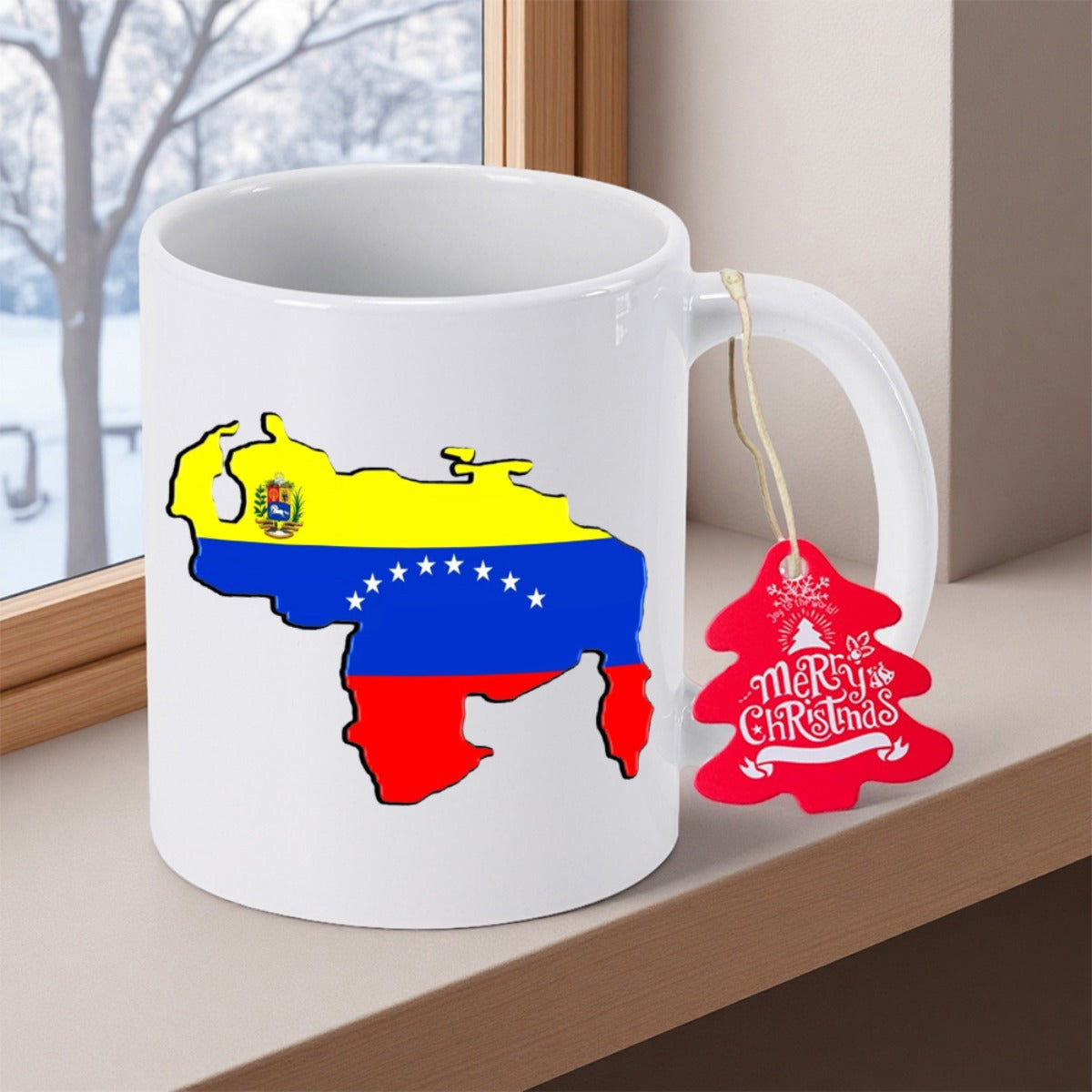 Tailorly White Ceramic 11 oz Mug - Merry Christmas Stylized National Border Filled With Vibrant Patriotic Flag Colors Map