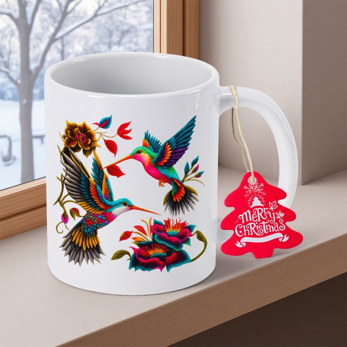 Tailorly White Ceramic 11 oz Mug - Merry Christmas Vibrant Colorful Birds Hovering Around Blooming Flowers In Tropical Garden Hummingbird