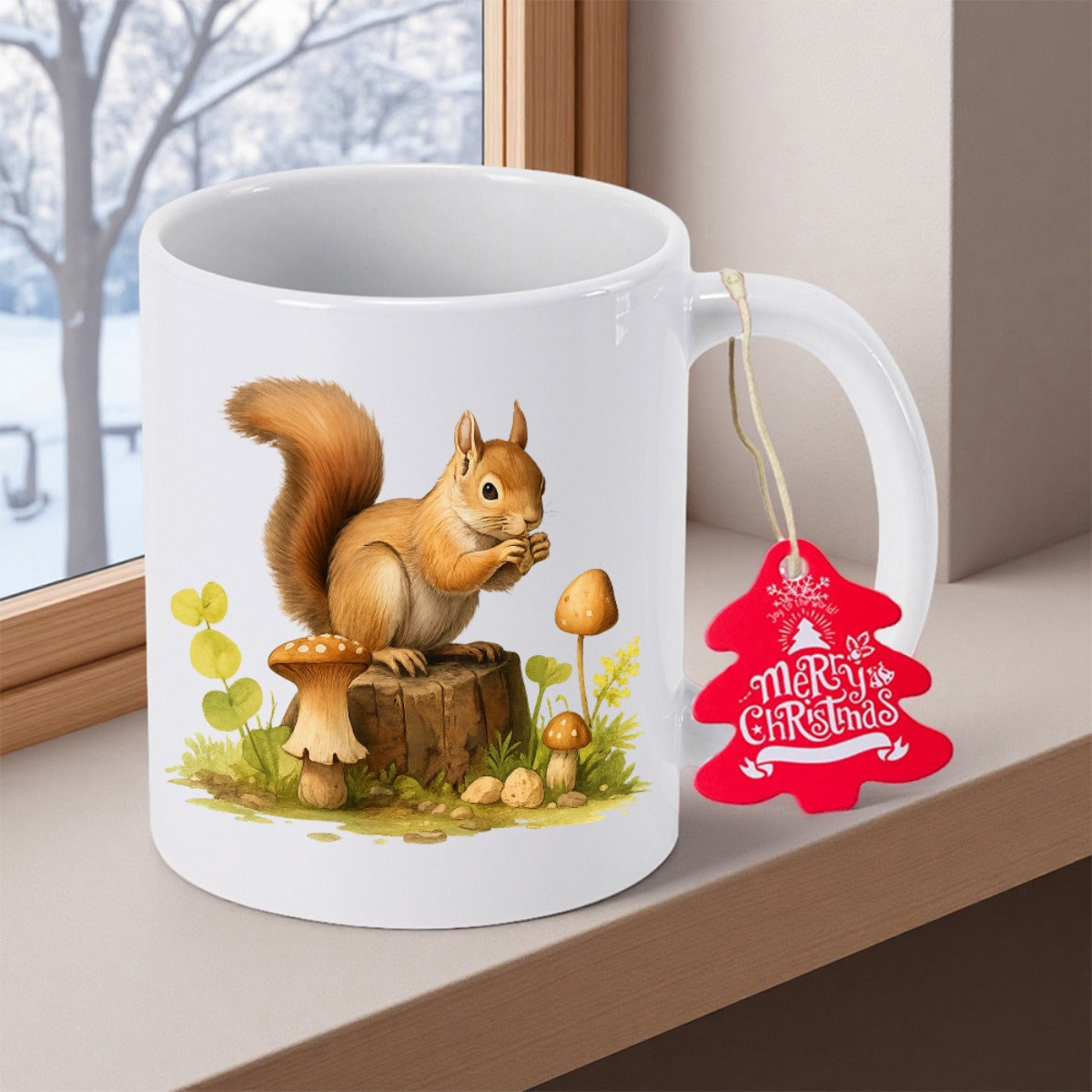 Tailorly White Ceramic 11 oz Mug - Merry Christmas Charming Brown Furry Squirrel Sitting On Stump Among Wild Mushrooms Squirrel