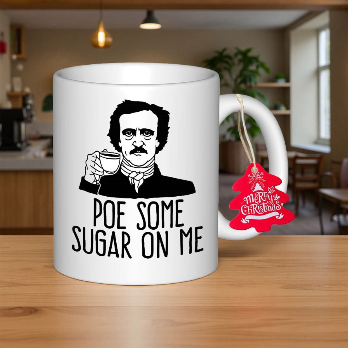 Tailorly White Ceramic 11 oz Mug - Poe Some Sugar On Me Stylized Black Ink Illustration Holding A Small Ceramic Cup Poe