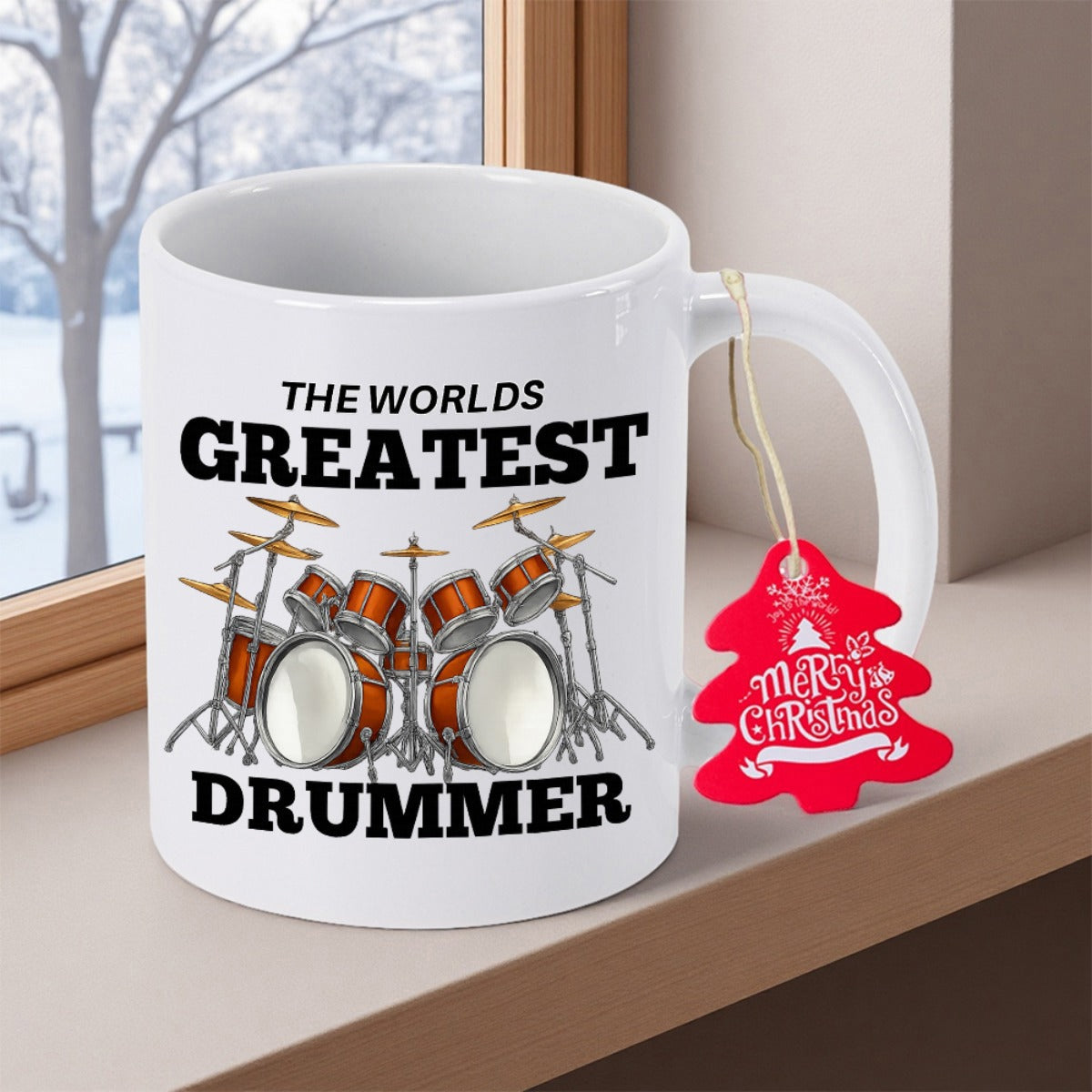Tailorly White Ceramic 11 oz Mug - The Worlds Greatest Drummer Detailed Metallic Set With Golden Cymbals On White Background Drum Kit