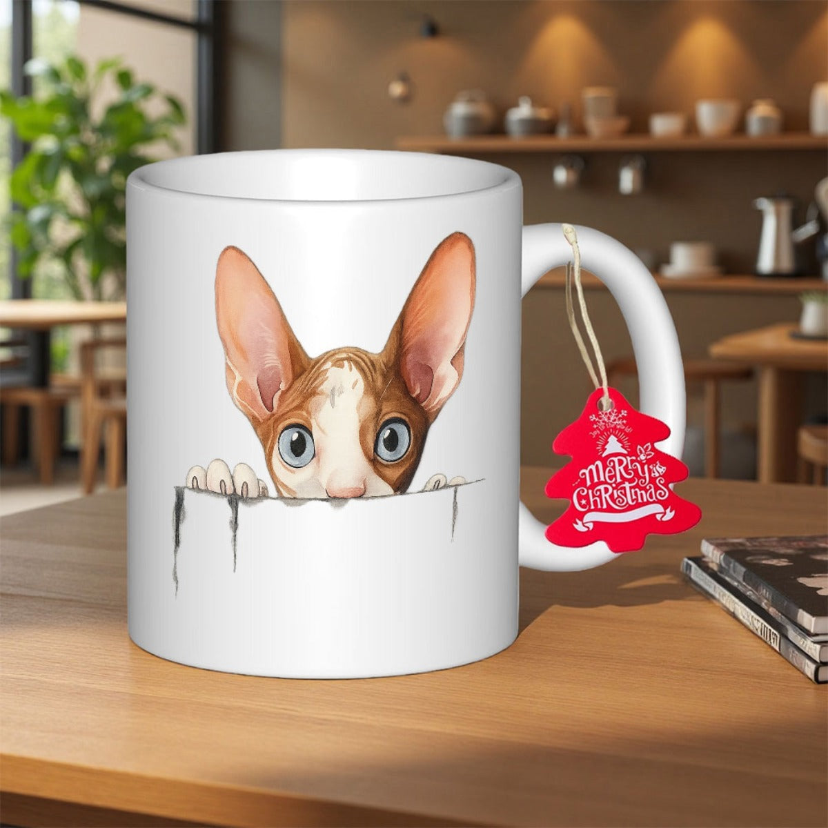Tailorly White Ceramic 11 oz Mug - Merry Christmas Adorable Sphynx Cat Peeking Over White Border With Scratch Marks Cat