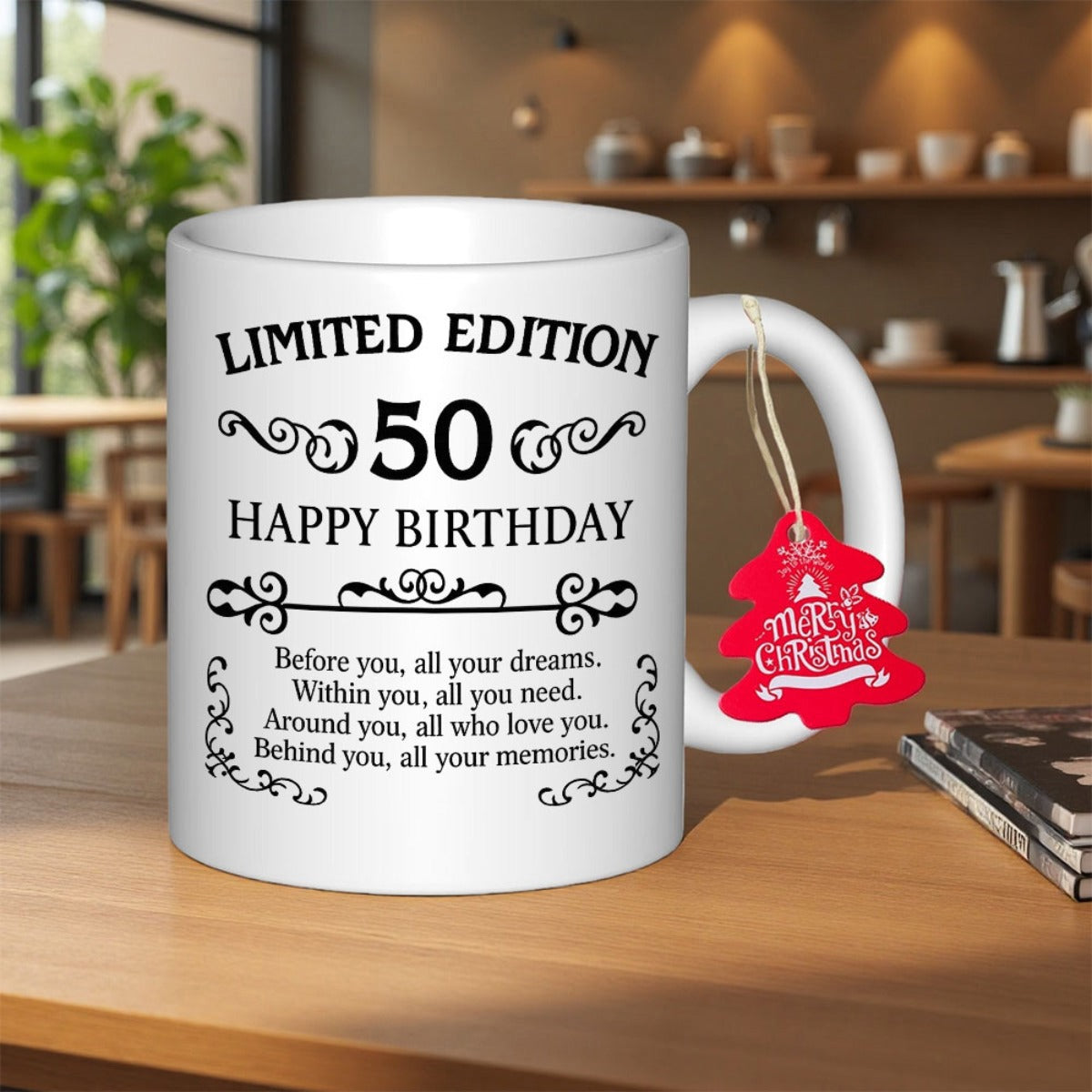 Tailorly White Ceramic 11 oz Mug - Limited Edition 50 Happy Birthday Elegant White Ceramic Base With Ornamental Swirls And Red Hanging Tag Mug