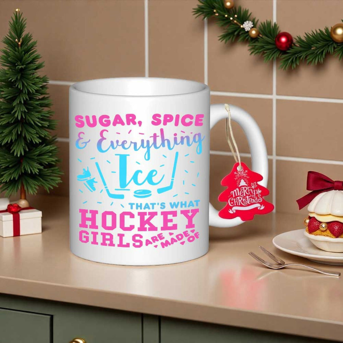 Tailorly White Ceramic 11 oz Mug - Sugar Spice Everything Ice Thats What Hockey Girls Are Made Of Crossing Hockey Sticks With Small Puck And Sparkling Decorative