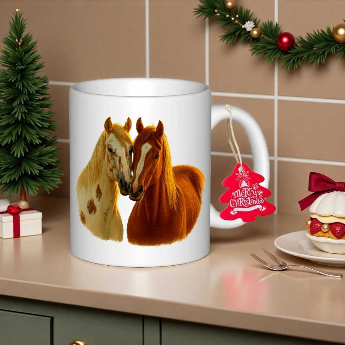 Tailorly White Ceramic 11 oz Mug - Elegant Chestnut And White Stallions Standing Together In Serene Harmony Horses