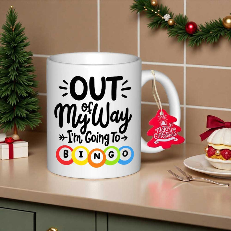 Tailorly White Ceramic 11 oz Mug - Out Of My Way Im Going To Bingo Vibrant Multi Colored Game Balls With Decorative Artistic Typographic Layout Bingo