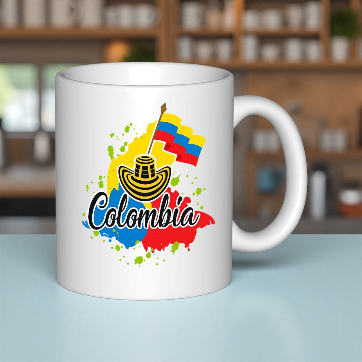 Tailorly White Ceramic 11 oz Mug - Colombia Vibrant Paint Splashes Featuring Traditional Sombrero Under A Waving Flag Colombia
