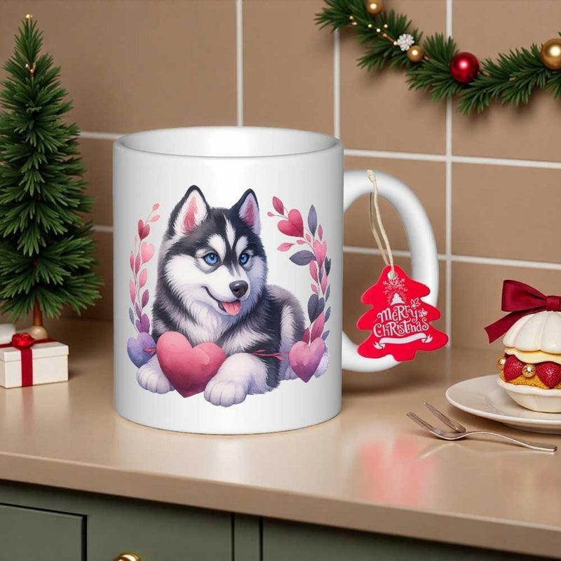 Tailorly White Ceramic 11 oz Mug - Adorable Siberian Husky Resting Amidst Pink Hearts And Floral Accents Husky