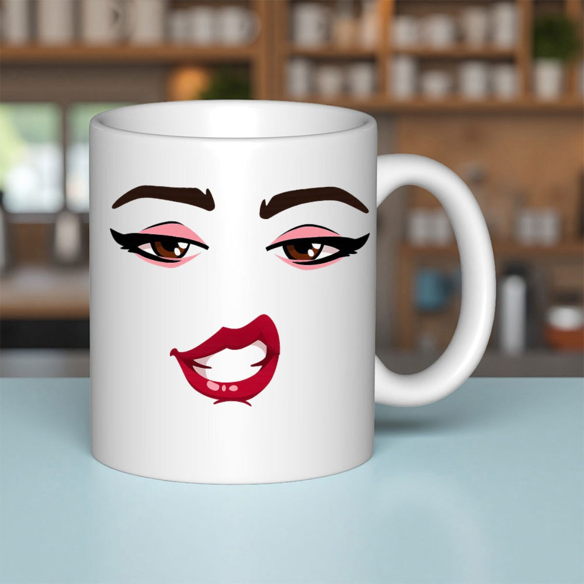 Tailorly White Ceramic 11 oz Mug - Stylized Female Face With Heavy Makeup And Biting Red Lip Portrait