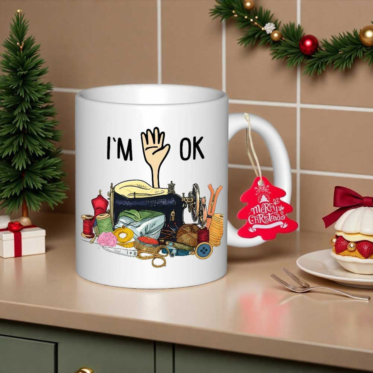 Tailorly White Ceramic 11 oz Mug - Im Ok Vintage Craft Station With Colorful Threads And Measuring Tape Sewing Machine