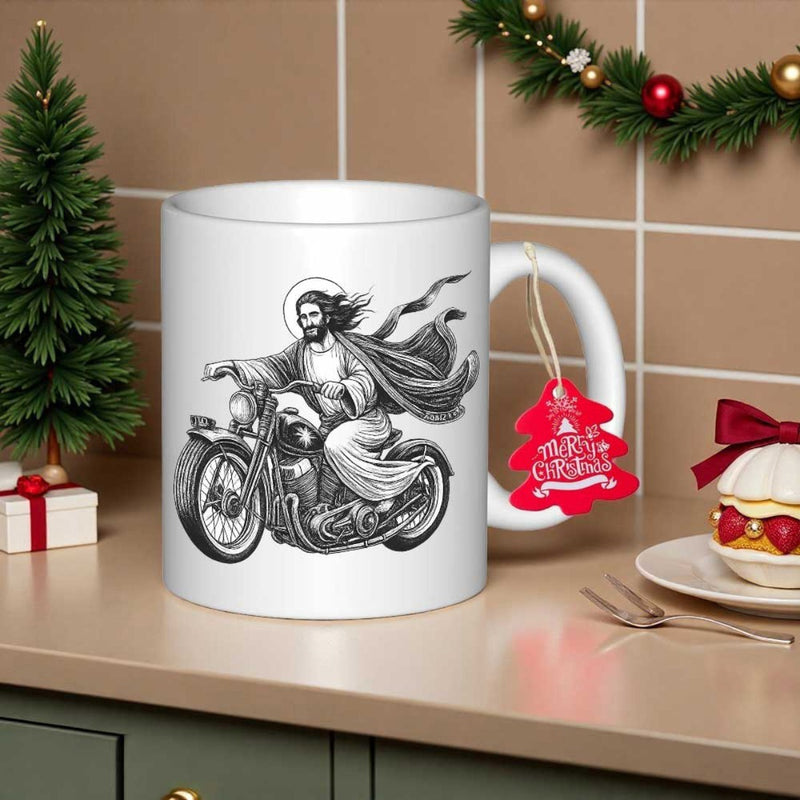 Tailorly White Ceramic 11 oz Mug - Detailed Engraving Of Sacred Figure Riding Classic Vintage Heavy Duty Motorcycle