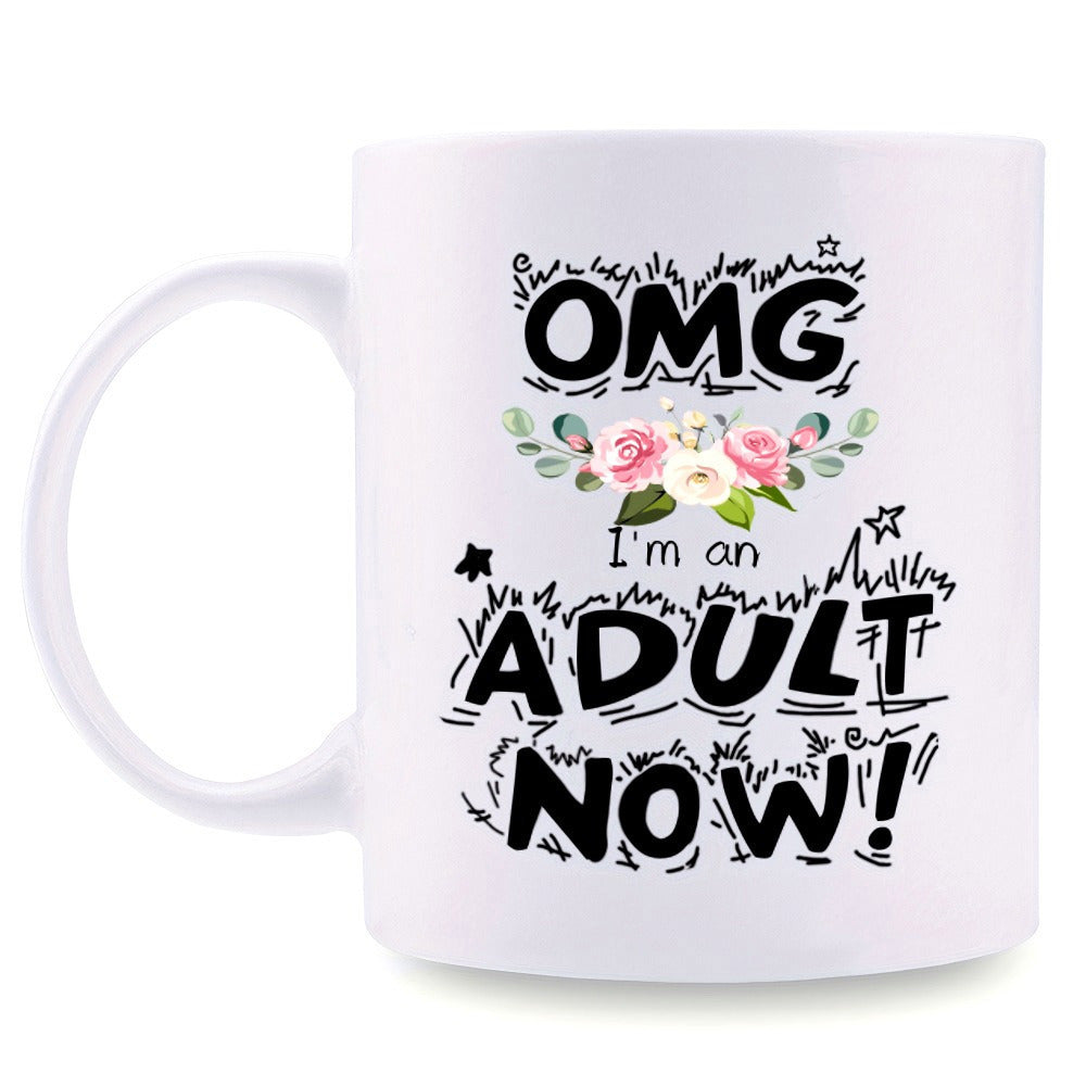 Tailorly White Ceramic 11 oz Mug - OMG I'm An Adult Now Elegant Pink Floral Wreath Among Whimsical Sketch Lines Mug