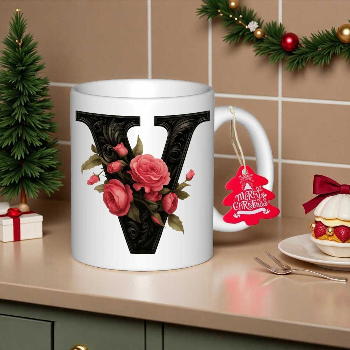 Tailorly White Ceramic 11 oz Mug - V Elegant Black Serif Flourished Design Featuring Pink Roses And Vibrant Green Leaves Letter