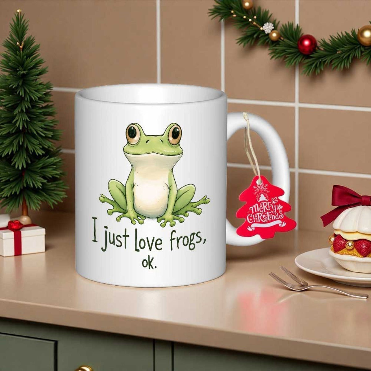 Tailorly White Ceramic 11 oz Mug - I Just Love Frogs Ok Adorable Green Cartoon Amphibian Sitting Peacefully On White Surface Frog