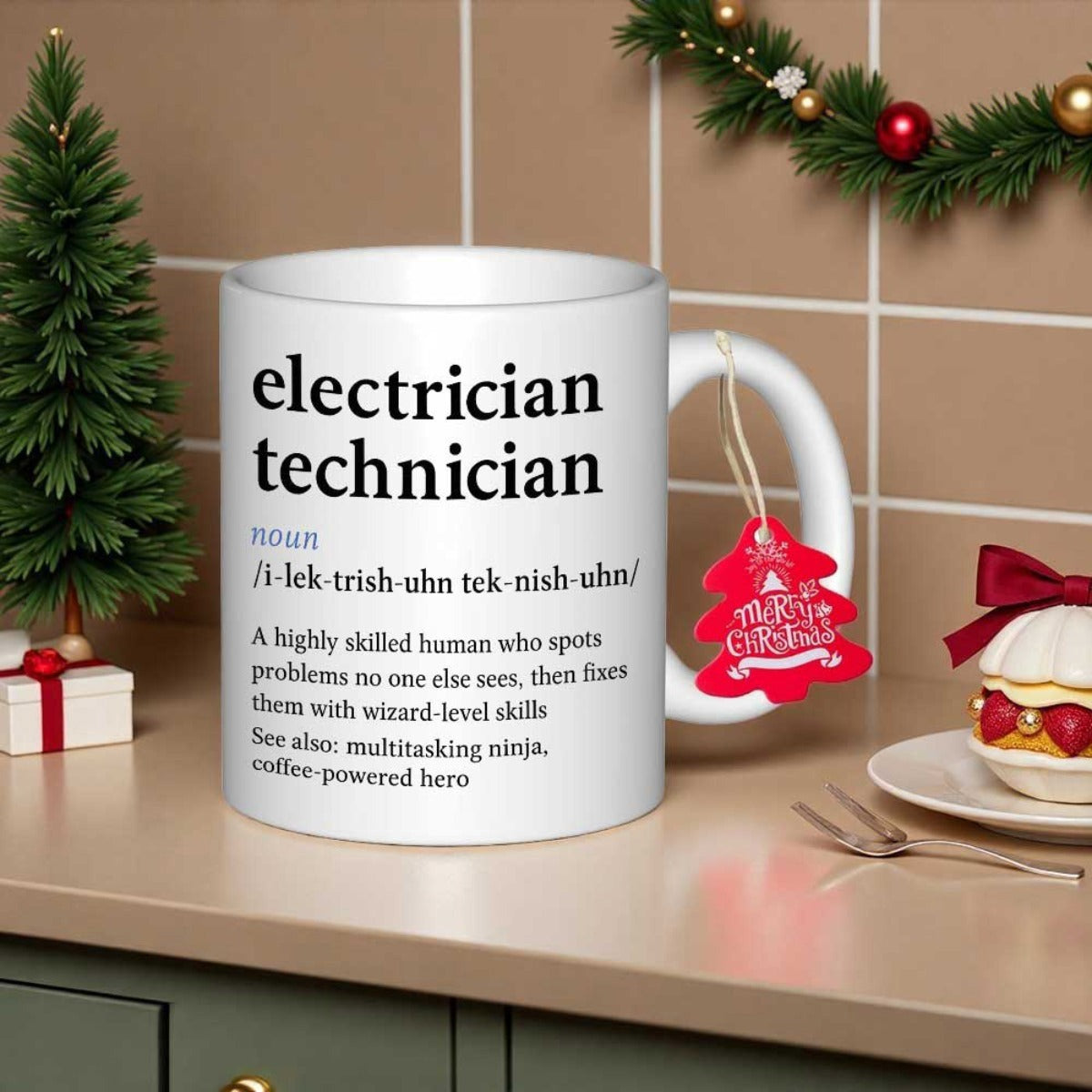 Tailorly White Ceramic 11 oz Mug - Electrician Technician Elegant White Ceramic Base Featuring Professional Black Typography Styled Dictionary Mug