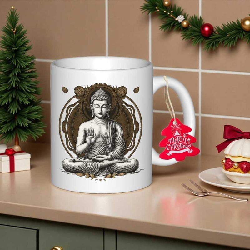 Tailorly White Ceramic 11 oz Mug - Peaceful Spiritual Figure Meditating In Lotus Position With Circular Decorative Frame Buddha