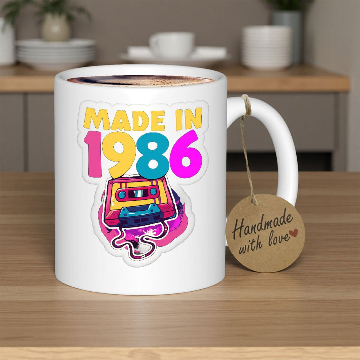 Tailorly White Ceramic 11 oz Mug - Made In 1986 Colorful Vintage Music Ribbon Unwinding From A Retro Style Cassette Tape