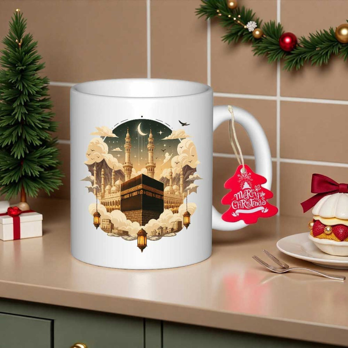 Tailorly White Ceramic 11 oz Mug - Majestic Sacred Building Under Golden Crescent Moon Among Soft Glowing Clouds Kaaba