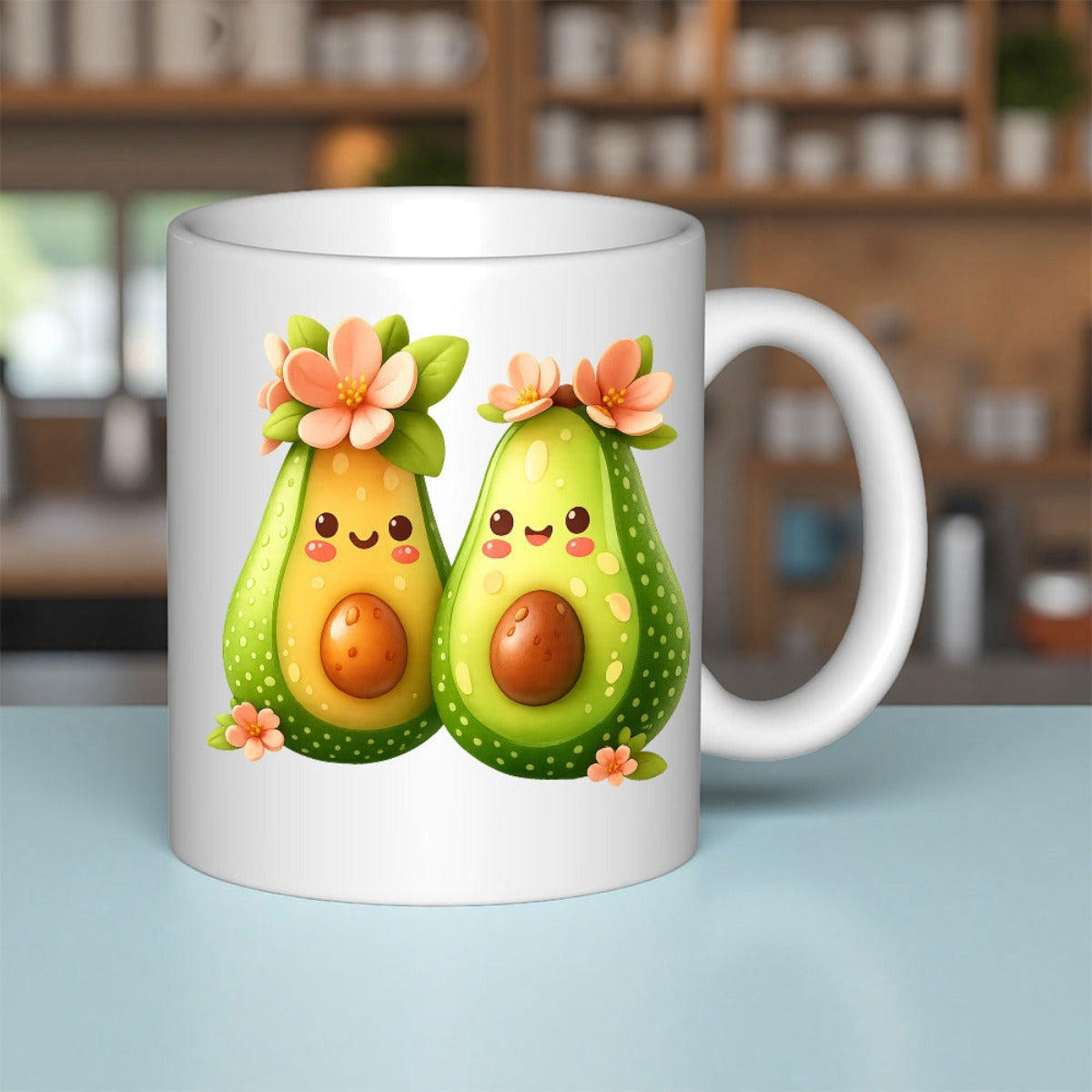 Tailorly White Ceramic 11 oz Mug - Two Adorable Smiling Fruits Featuring Blooming Pink Flowers And Leaves Avocado