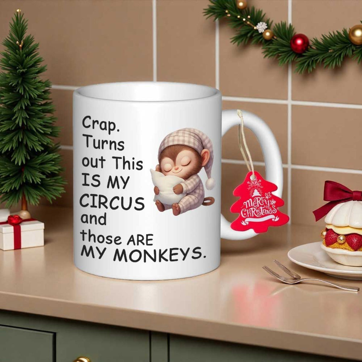 Tailorly White Ceramic 11 oz Mug - Crap Turns Out This Is My Circus And Those Are My Monkeys Adorable Sleeping Baby Monkey With Plaid Nightcap Holding Soft Pillow
