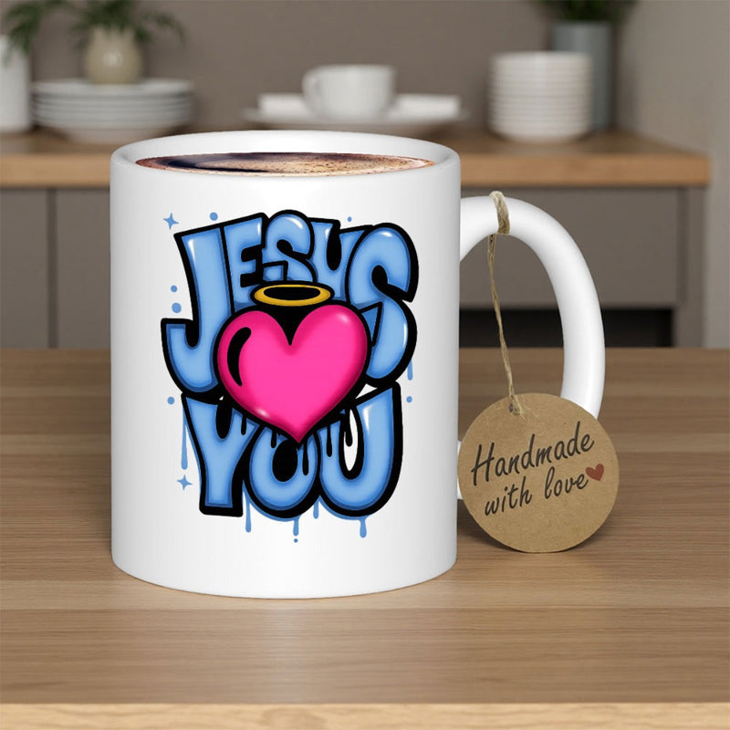 Tailorly White Ceramic 11 oz Mug - Jesus You Vibrant Pink Heart Featuring Golden Halo And Blue Graffiti Letters Heart