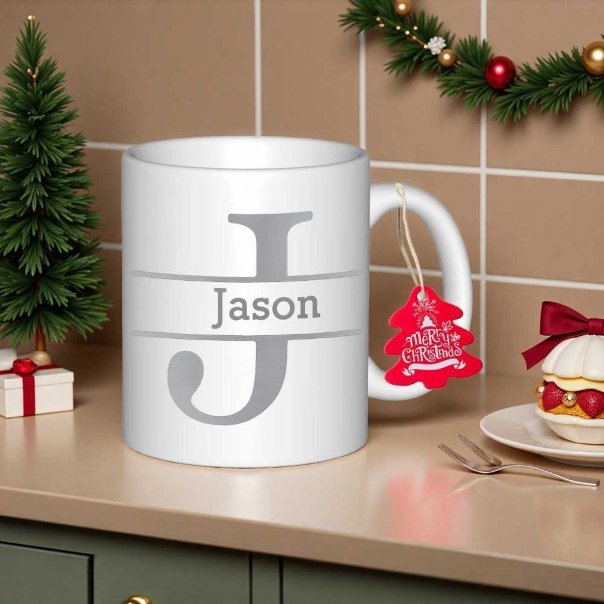 Tailorly White Ceramic 11 oz Mug - Jason Personalized Split Letter Monogram On Sleek White Ceramic Minimalist Mug
