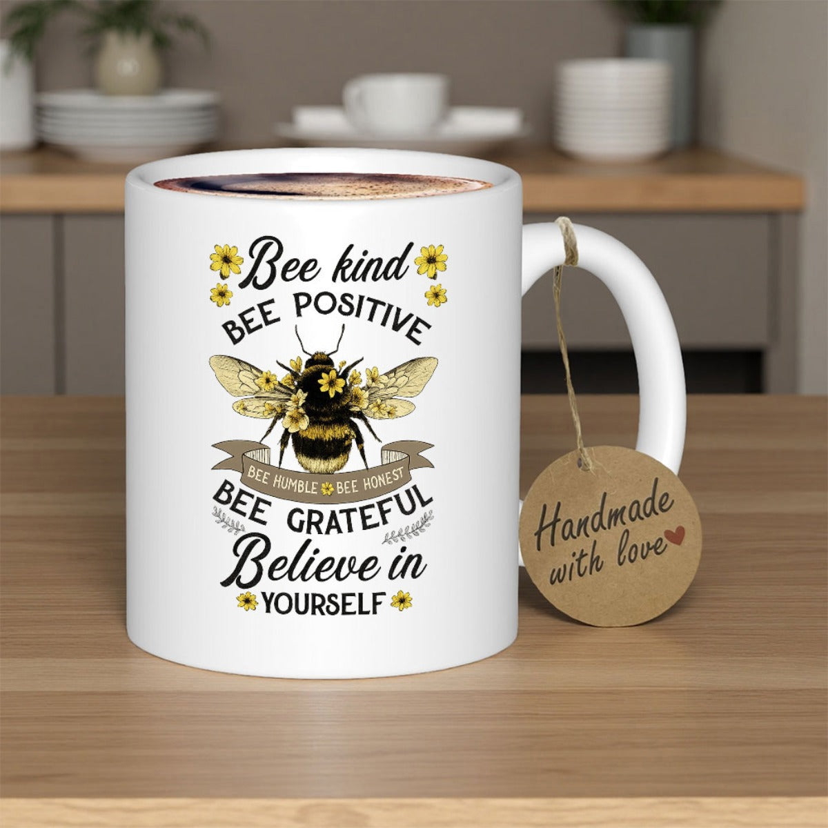 Tailorly White Ceramic 11 oz Mug - Bee Kind Bee Positive Bee Grateful Believe In Yourself Delicate Honeybee With Yellow Sunflowers Among Elegant Motivational