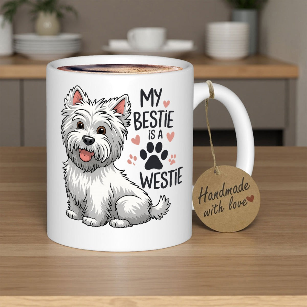 Tailorly White Ceramic 11 oz Mug - My Bestie Is A Westie Charming Hand Drawn Sitting White Terrier With Hearts And Paw Dog