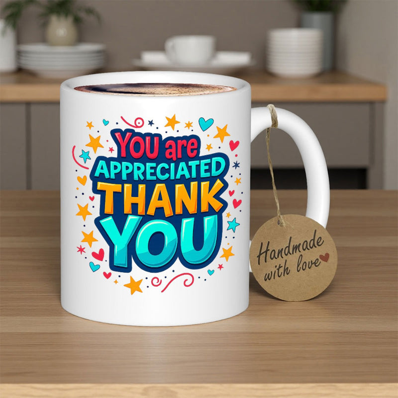 Tailorly White Ceramic 11 oz Mug - You Are Appreciated Thank You Vibrant Colorful Stars With Tiny Hearts Floating Among Cheerful Festive Decorative Sign