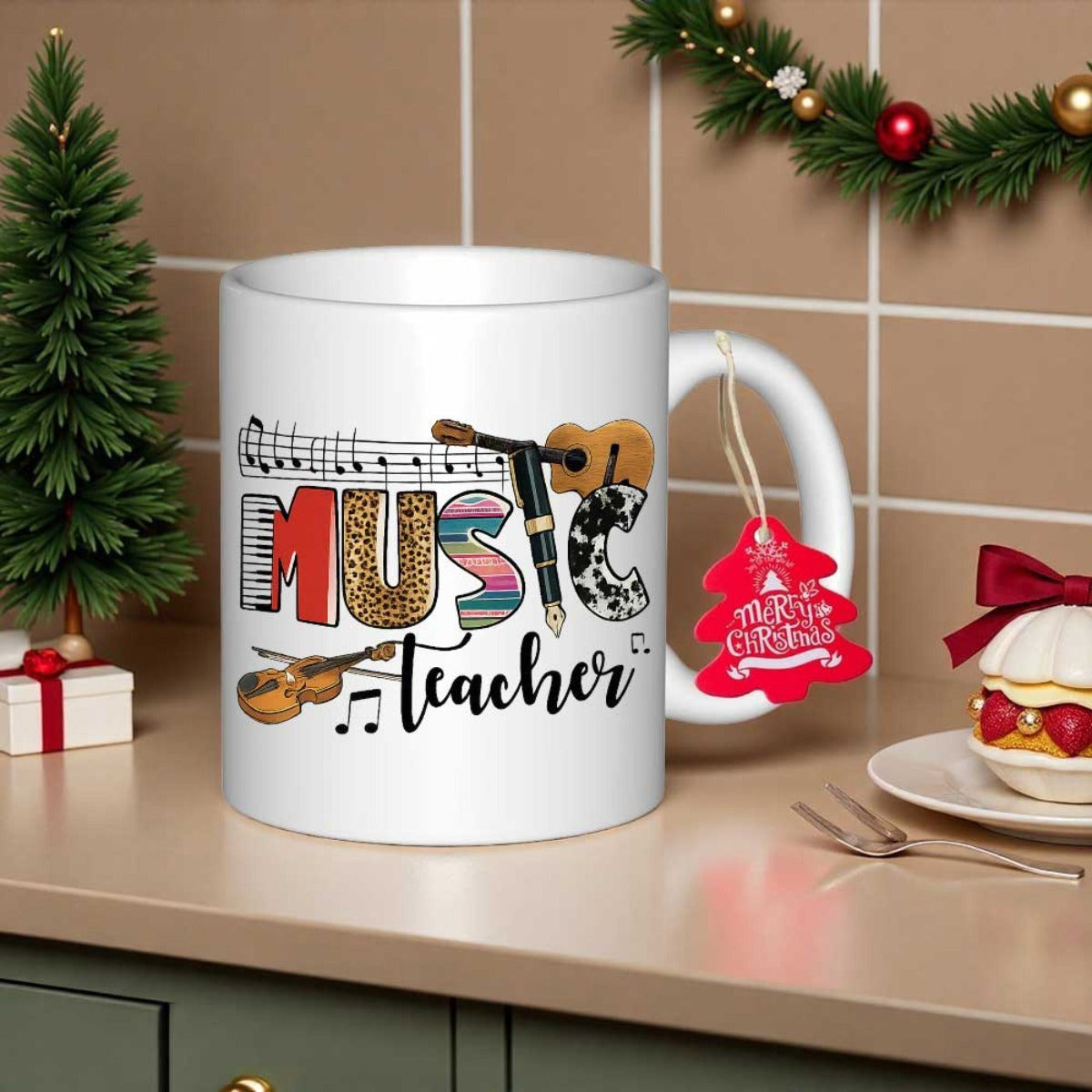 Tailorly White Ceramic 11 oz Mug - Music Teacher Merry Christmas Artistic Musical Notes And Instruments Featuring A Classic Acoustic Guitar
