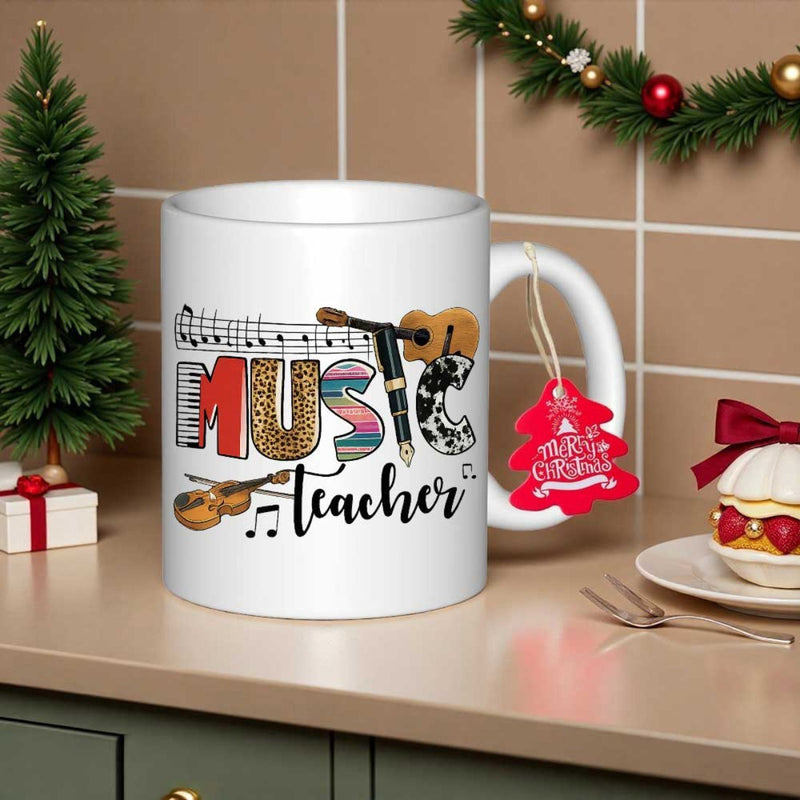 Tailorly White Ceramic 11 oz Mug - Music Teacher Merry Christmas Artistic Musical Notes And Instruments Featuring A Classic Acoustic Guitar