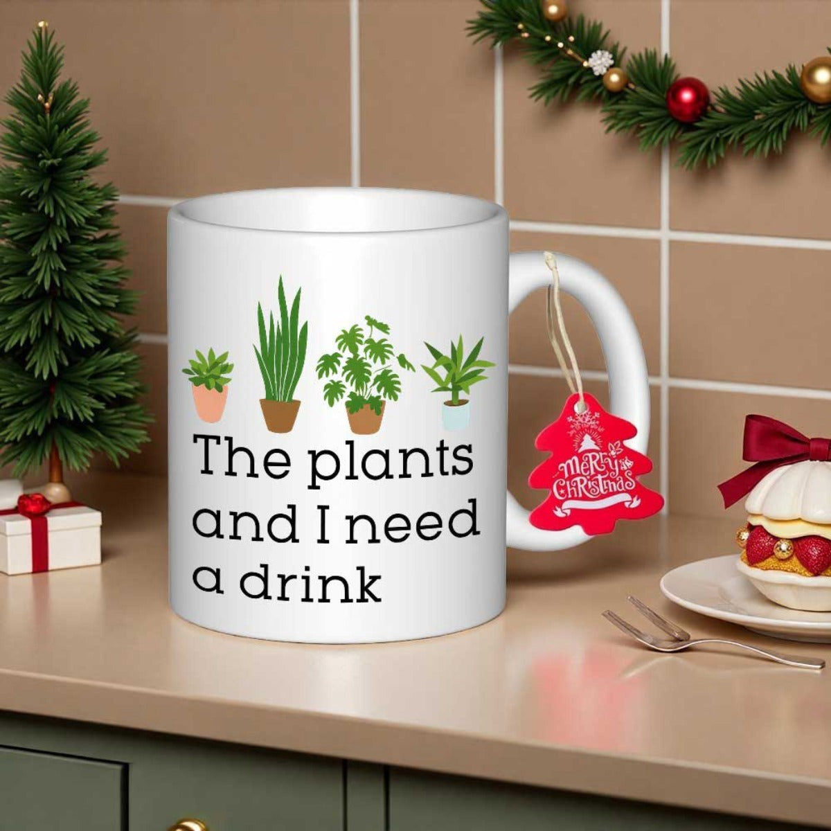 Tailorly White Ceramic 11 oz Mug - The Plants And I Need A Drink Lush Green Houseplants Resting Inside Miniature Clay Ceramic Pots Plant