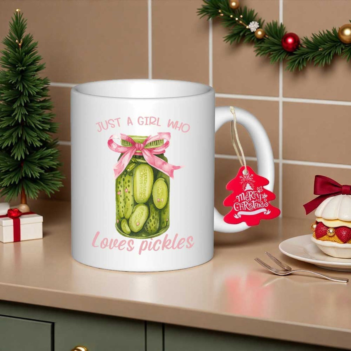 Tailorly White Ceramic 11 oz Mug - Just A Girl Who Loves Pickles Charming Watercolor Glass Jar Filled With Green Sliced Cucumbers With Pink Bow Jar